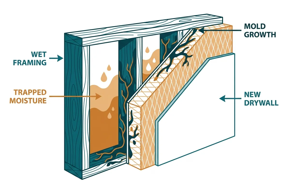 Diagram: trapped moisture in a rebuilt wall cavity after storm repairs in a Lee County home